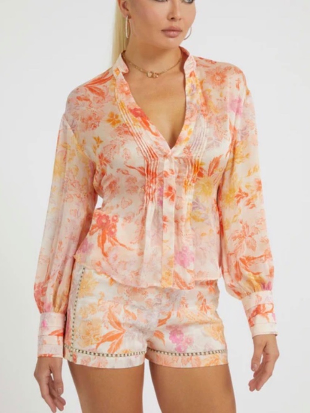 GUESS ECO Monica Chiffon Top in Tangerine Bloom XS NWT